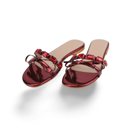 Metallic Bow & Crystal Embellished Slide Sandals