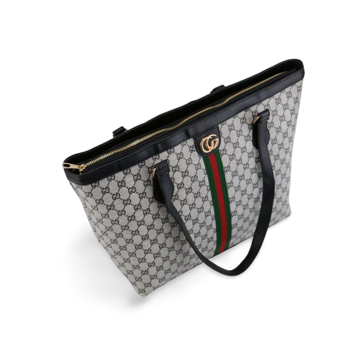 Elegant Tote Bag with Signature Pattern and Classic Stripe Design