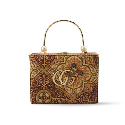 Exquisite Box Style Clutch Purse with Intricate Pattern and Gold Chain
