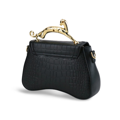 Elegant Gold Leopard Handle Handbag with Stylish Croc Skin Textured Pattern