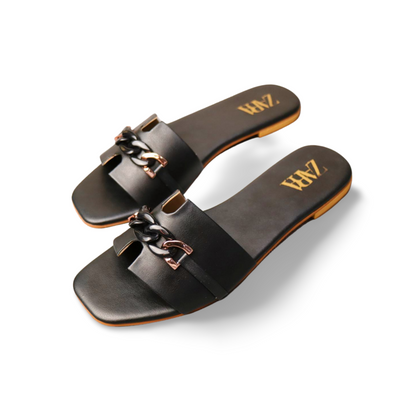 Chain Buckle Flat Slides Woman Pu Leather Sandals