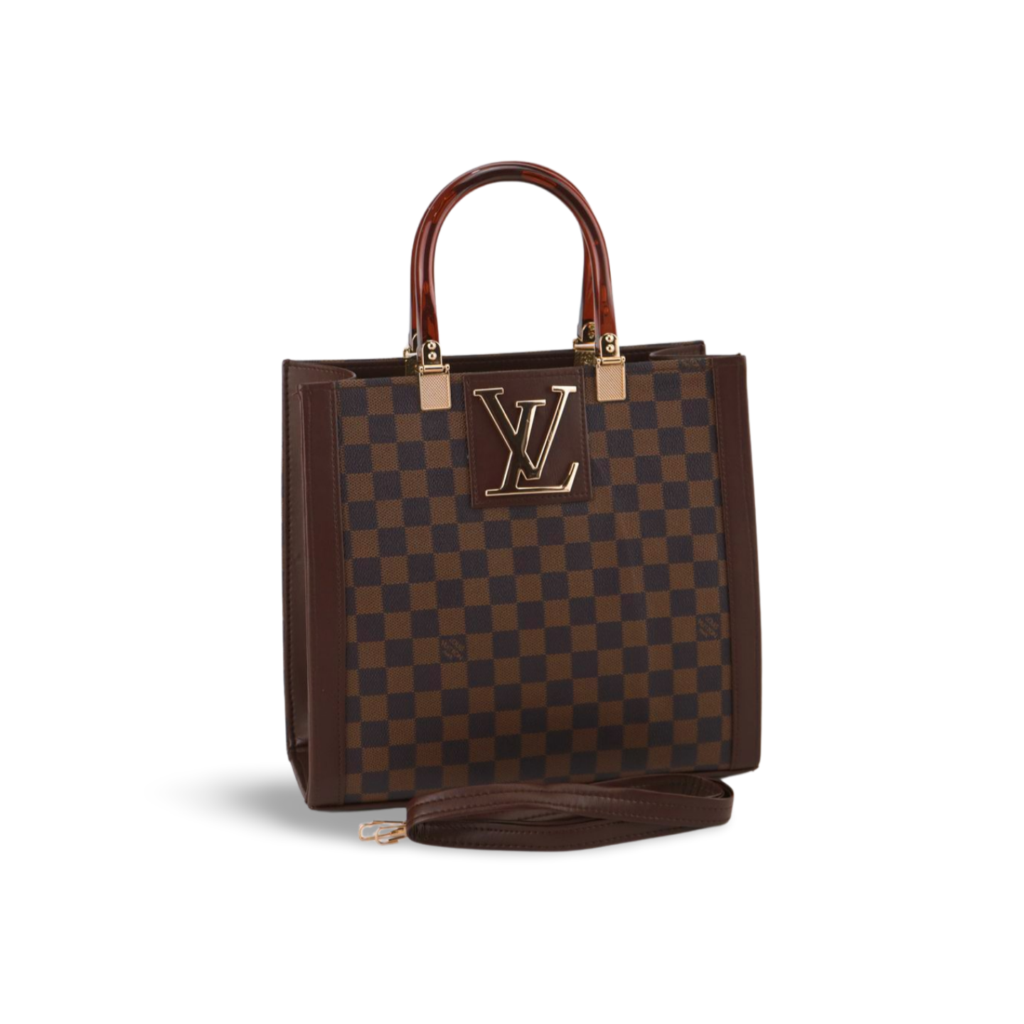 Chic Checkered Tote Bag with Plastic Handles and Strap