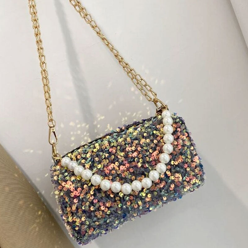 Mini Sequin & Faux Pearl Decor Satchel Bag