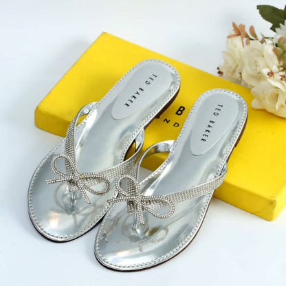 Ladies Sandals With Bow Rhinestone Flat Slides