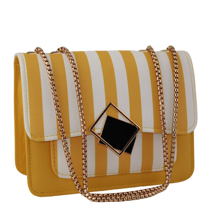 Stylish Striped Purse with Gold Chain and Black Square Pendant
