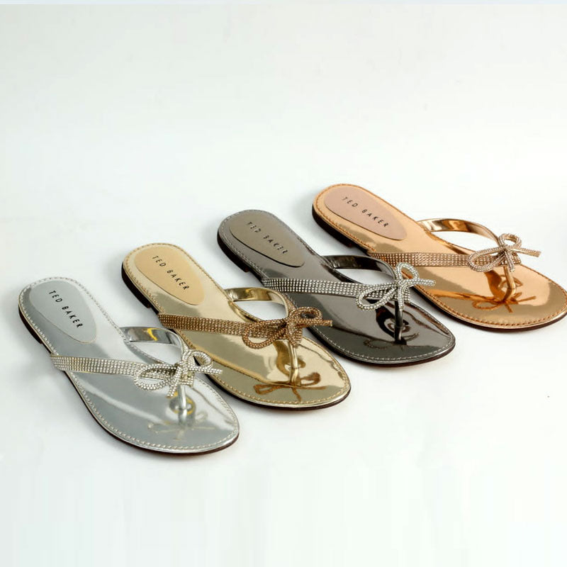 Ladies Sandals With Bow Rhinestone Flat Slides