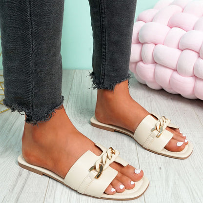 Chain Buckle Flat Slides Woman Pu Leather Sandals