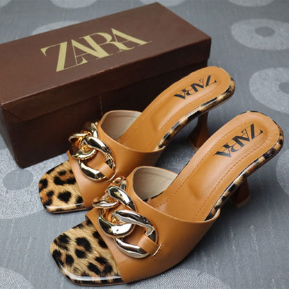Leopard Print Heel Sandals with Gold Chain Accents