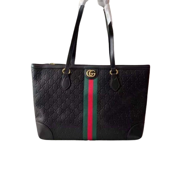 Stylish Black Tote Bag with Bold Green and Red Stripe