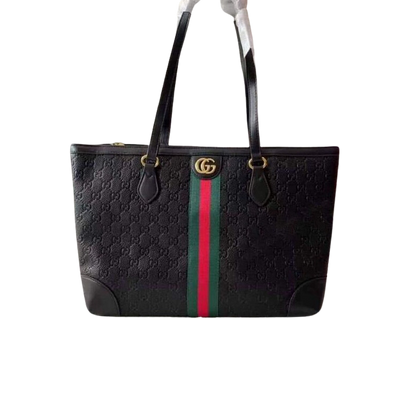 Stylish Black Tote Bag with Bold Green and Red Stripe